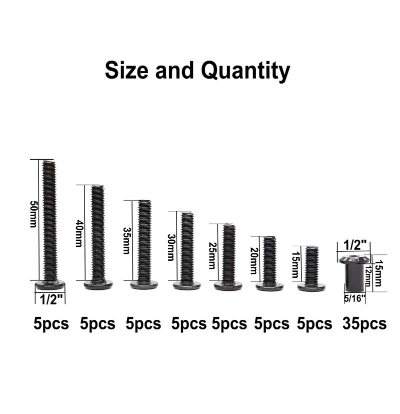binifiMux Black M6 Hex Drive Socket Cap Bolts Kit, binifiMux 35-Set Allen Head Countsunk Furniture Crib Bolts Nuts Kit, M6x15mm/ 20mm/ 25mm/ 30mm/ 35mm/ 40mm/ 50mm - Image 3